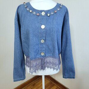 Vintage Bridge Denim Jacket Top Size Small Lace Trim Crop Blouse Feminine Frilly